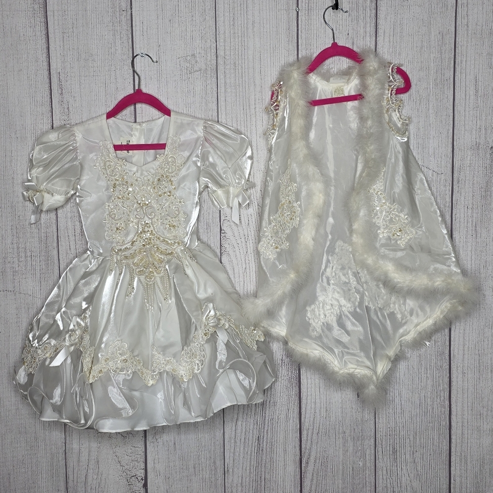 Vintage Tip Top Kids White Beaded Dress & Cape Set Size 4 Flower Girl